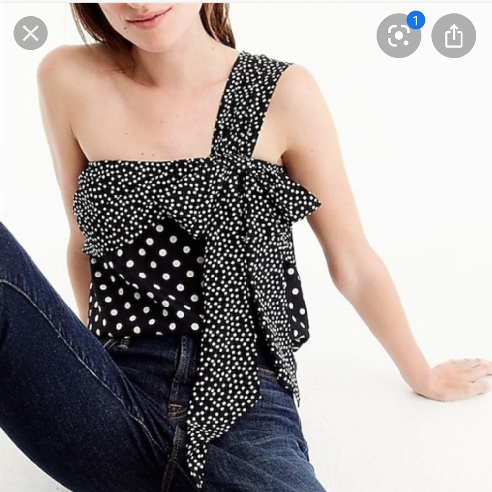 NWT J.Crew Silk One Shoulder Polka Dot Bow Blouse